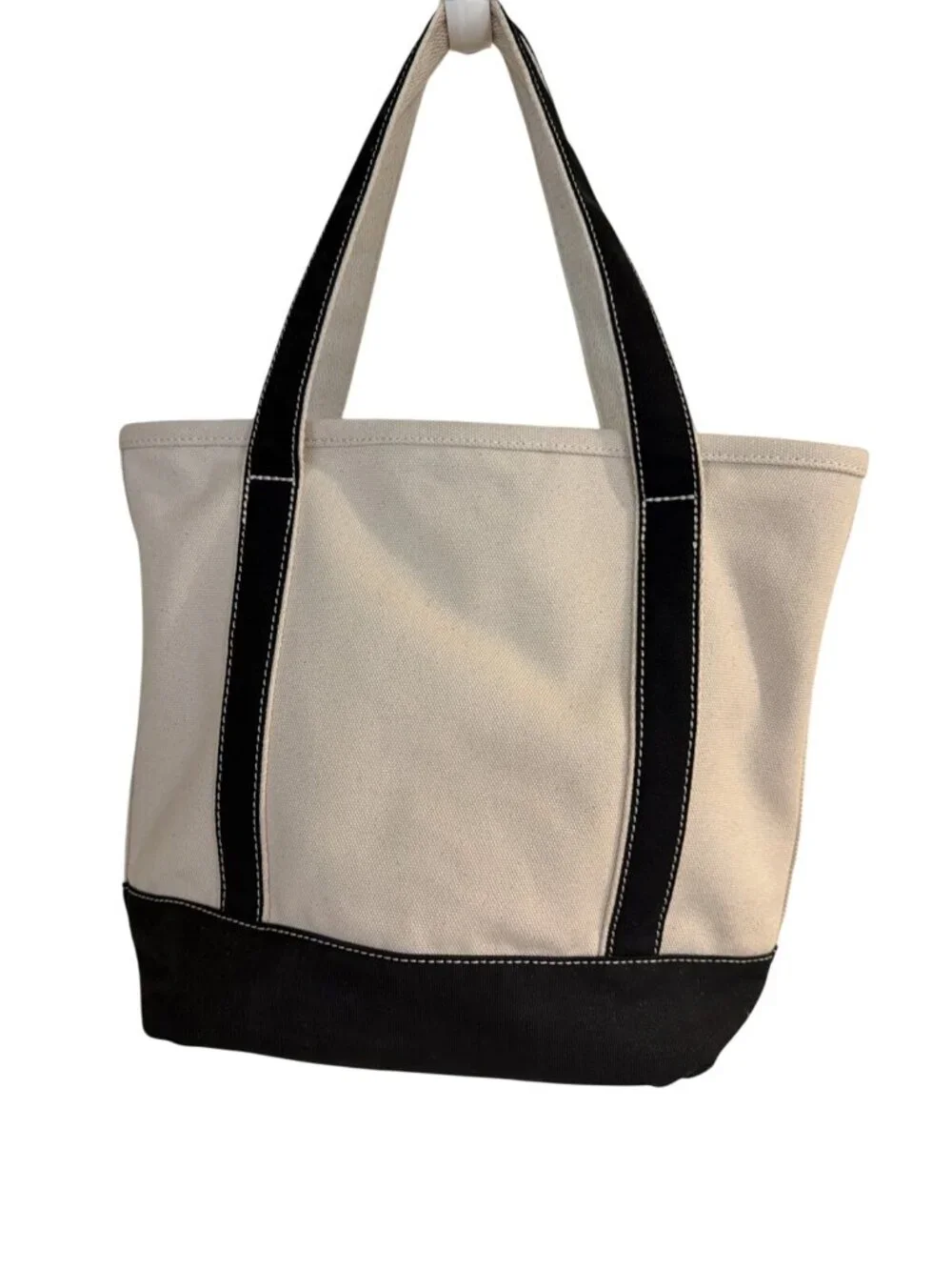 LandsEnd Canvas Pocket Tote Bag Natural Black Open Top Large Beach Pool Bag! - Picture 2 of 11